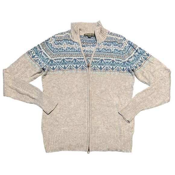 Eddie Bauer Nordic Fair Isle Pattern Full-Zip Gray Sweater With Blue Accents - Picture 1 of 6